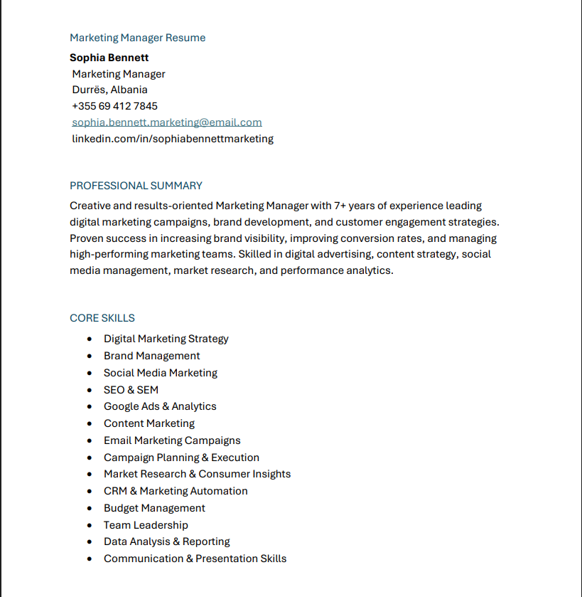 Marketing Manager before resume
